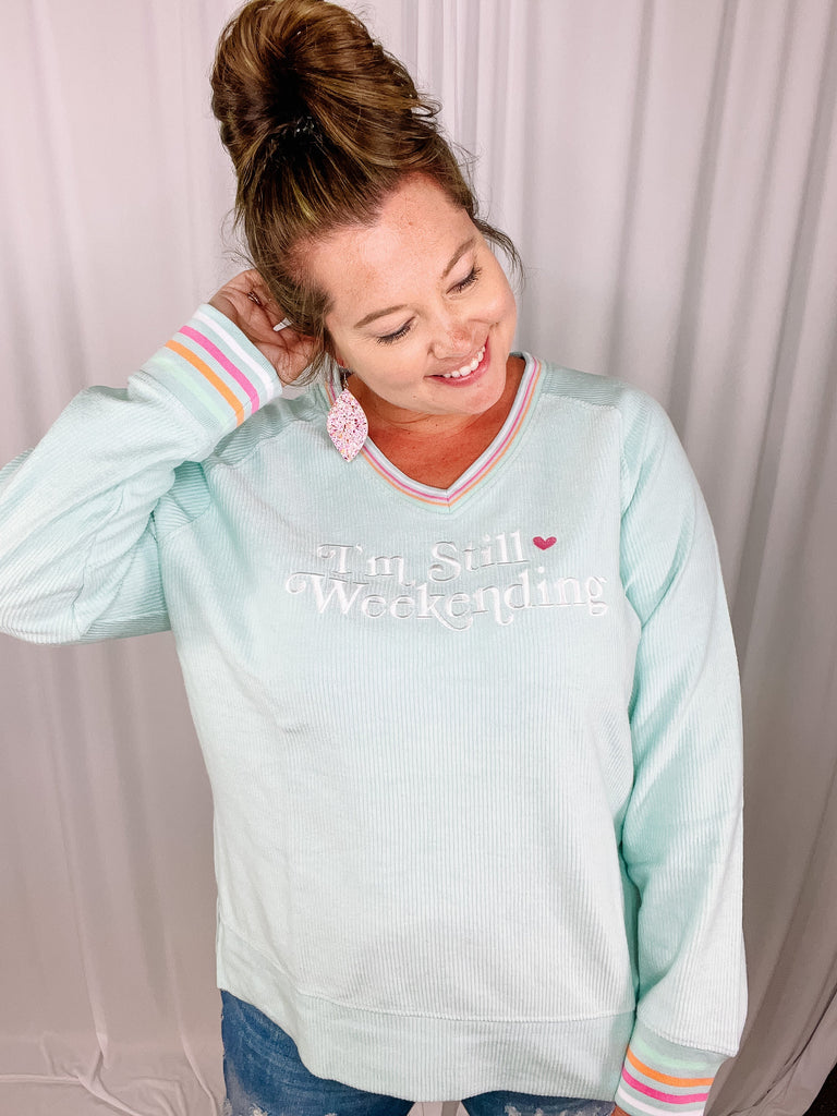Jadelynn Brooke Still Weekending Embroidered Pullover-Dear Me Southern Boutique, located in DeRidder, Louisiana