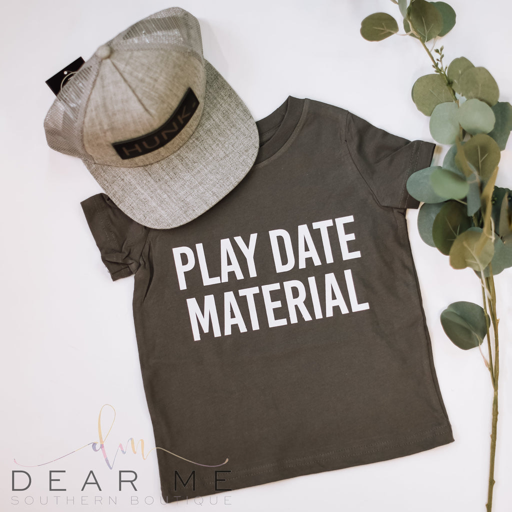 Play Date Material Children's Tee-Dear Me Southern Boutique, located in DeRidder, Louisiana