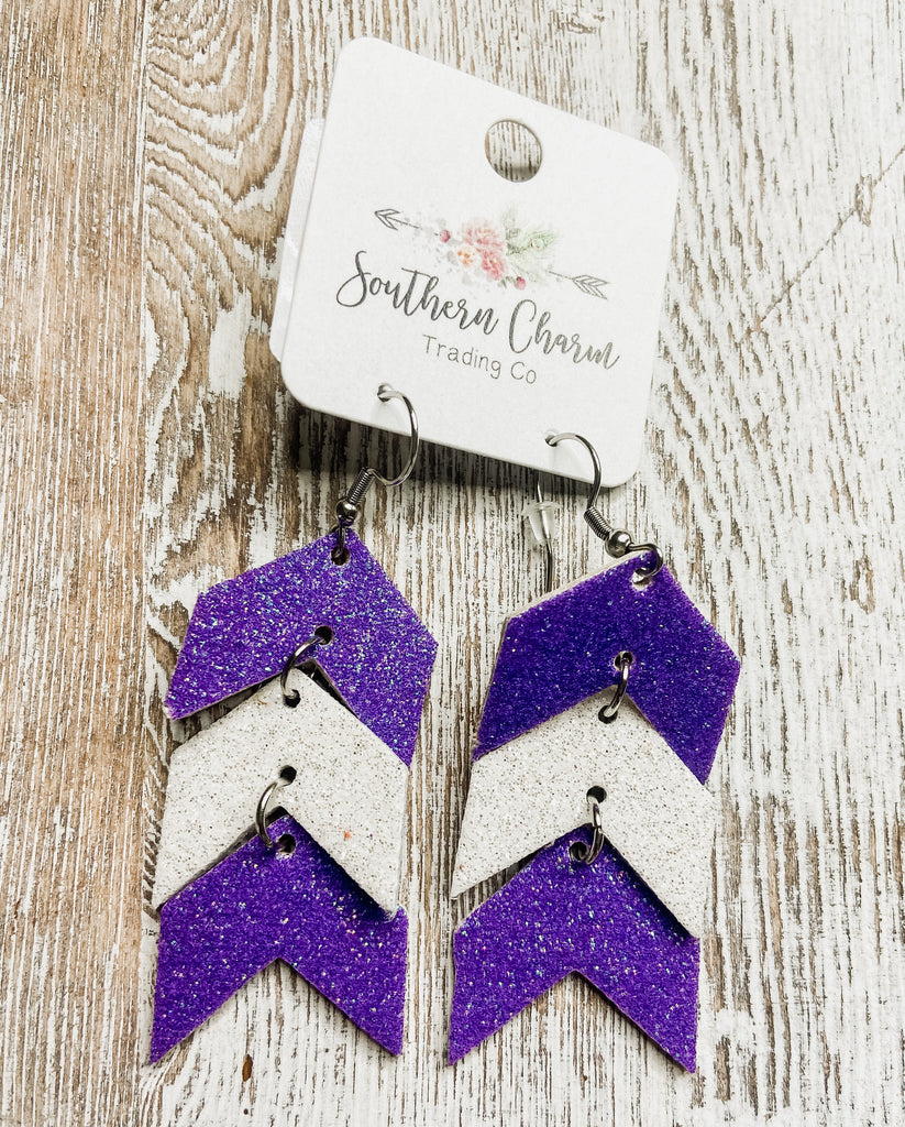 Purple & White Spirit Glitter Arrow Dangles-Dear Me Southern Boutique, located in DeRidder, Louisiana