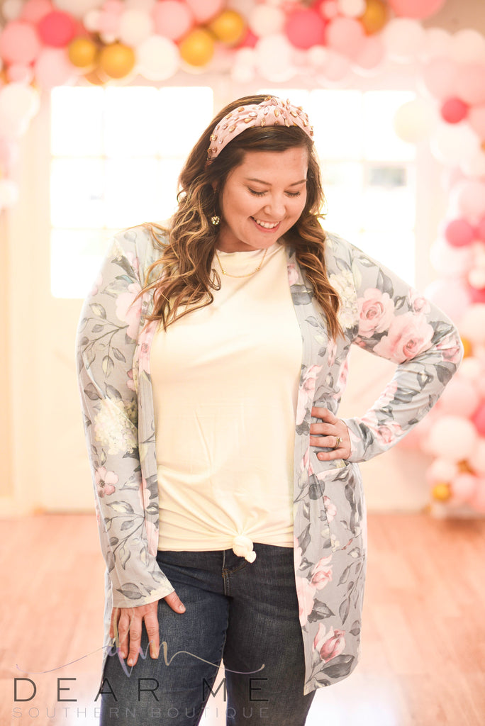 Rachel Cardigan - Grey Floral (INSTOCK)-Tops-Dear Me Southern Boutique, located in DeRidder, Louisiana