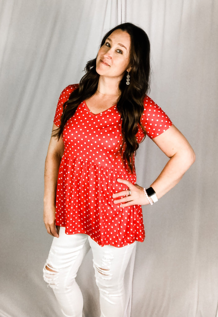 Red Sarah Ruffle Babydoll Top-INSTOCK-Shirts & Tops-Dear Me Southern Boutique, located in DeRidder, Louisiana