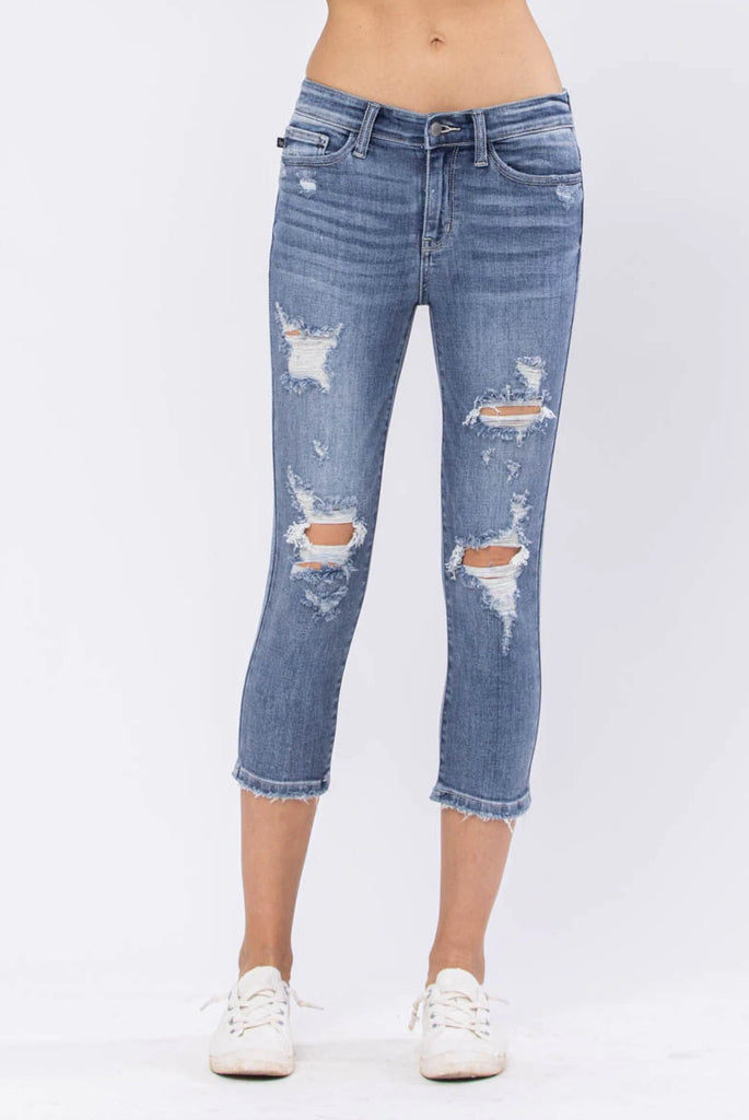 Tia Destroyed Judy Blue Capris-Dear Me Southern Boutique, located in DeRidder, Louisiana
